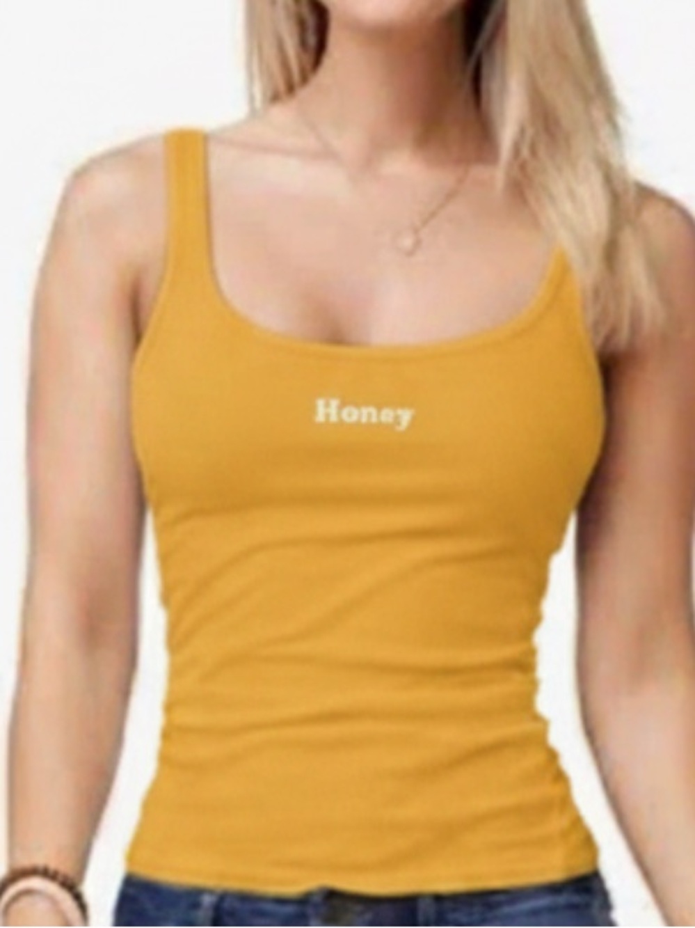 Forever 21 Yellow Ribbed White Honey Graphic Scoop Neck Tank Top Large Like New